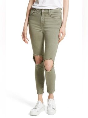 FREE PEOPLE Moss Green Busted Knee Distressed Destroyed Skinny Jeans Size 29